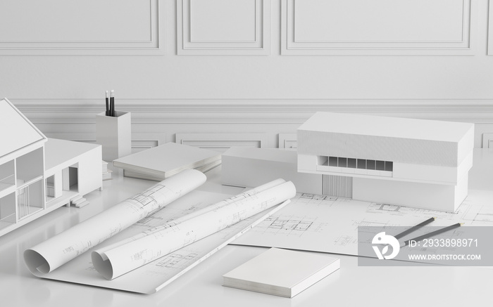 Mock-up of architectural construction drawing paper with white building model,Rolls of blueprint - 3