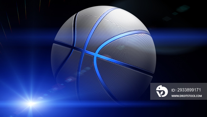 Basketball with blue flash light under black background. 3D illustration. 3D high quality rendering.