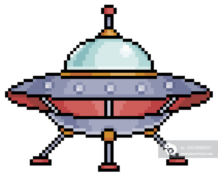 Pixel art alien spaceship item for 8bit game on white background