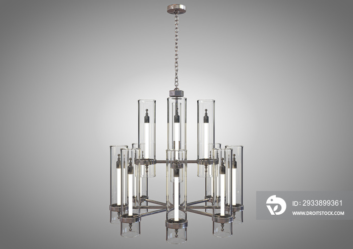 A decorative chandelier made out of tarnished iron with upright glass lamps on an isolated backgroun