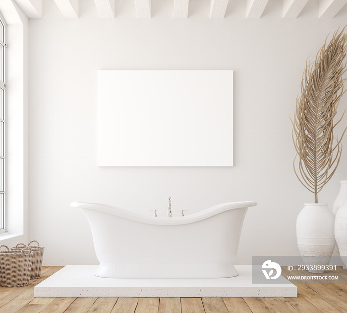 极简主义白色浴室室内模型海报，3d渲染