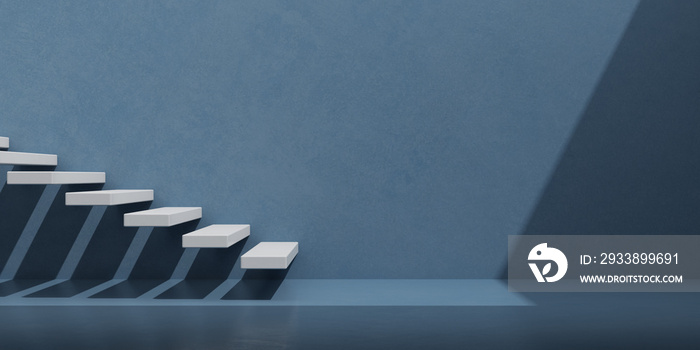 View of white stairs on blue wall background,Concept of the way to success. 3D rendering