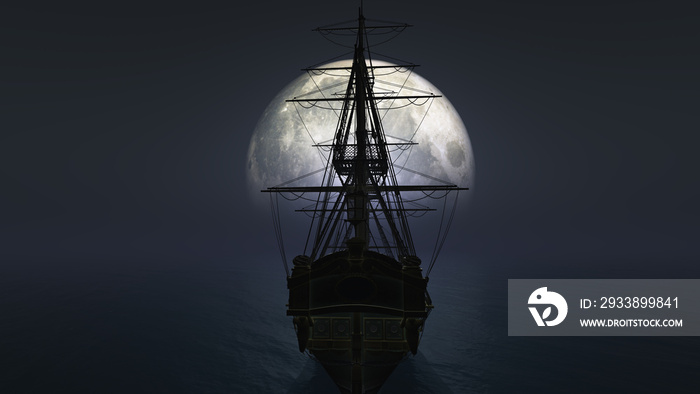 old ship in sea full moon illustration