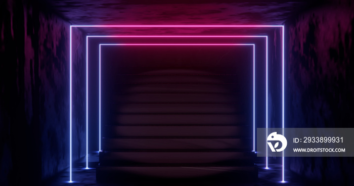 3d rendering, abstract neon background, pink blue glowing light, staircase in dark room