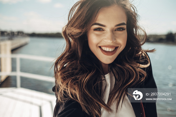 Fashion Portrait of Stylish Pretty Brunette Young Woman Outdoor