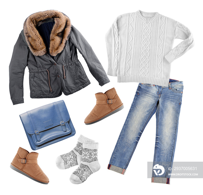 Set of stylish winter clothes on white background. Style and fashion concept.