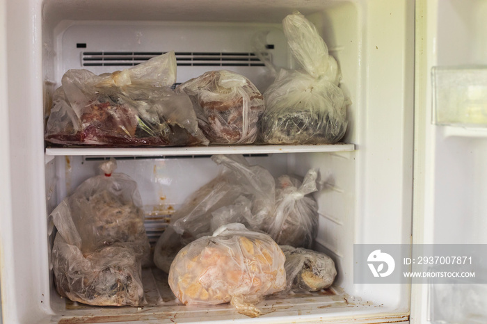 装满腐烂肉类的冰箱，脏冰箱，厨房里的细节