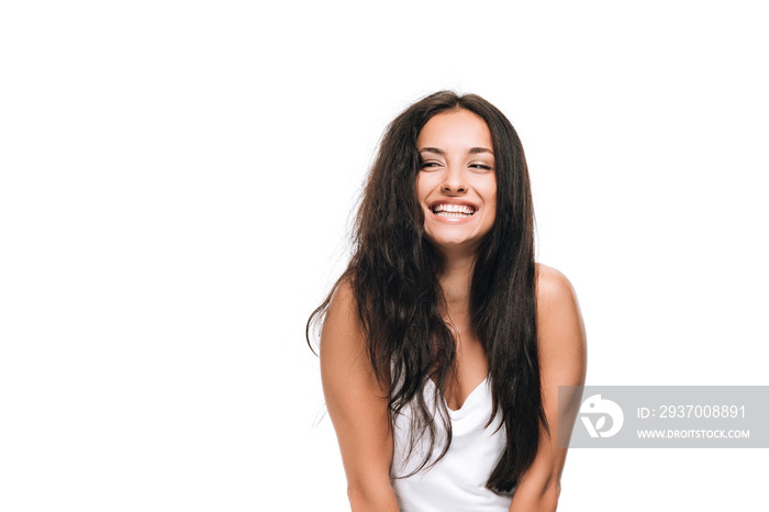 happy brunette beautiful woman with straight and curly hair isolated on white