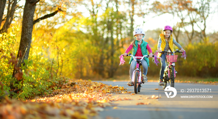 Cute little sisters riding bikes in a city park on sunny autumn day. Active family leisure with kids