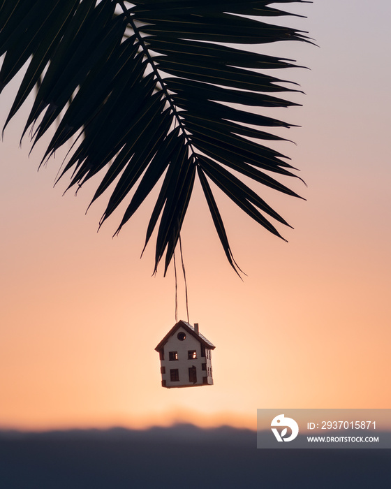 悬挂在热带棕榈树枝上的微型房屋，背景是冉冉升起的太阳和ora的模糊背景
