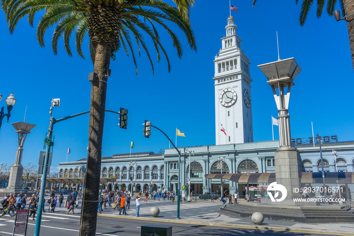 The Ferry Building and Marketplace over blue sky at the Embarcadero in downtown San Francisco,USA