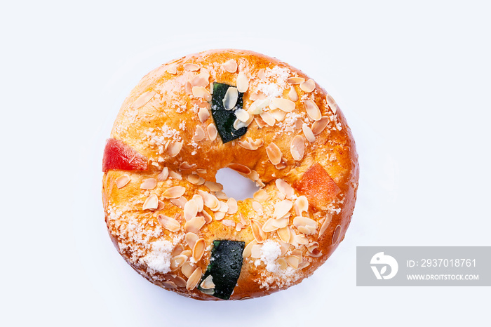 Spanish epiphany  cake, roscón de reyes on white background