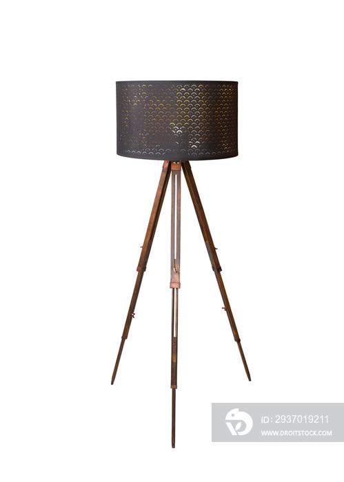 wooden with black shade floor lamp tripod isolated on white background