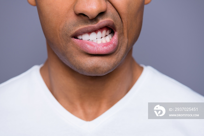 Close-up cropped portrait of his he nice handsome attractive well-groomed evil crazy guy wearing whi