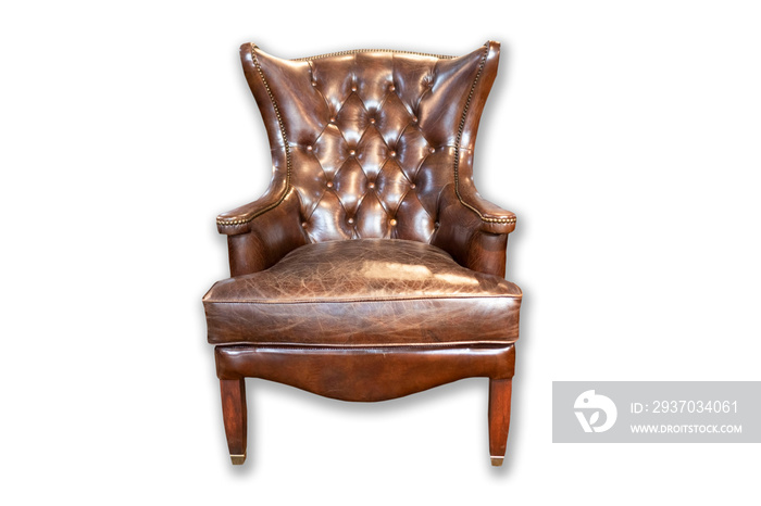 Vintage style leather chair isolated on white background of file with Clipping Path .