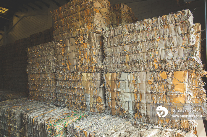 Stack of paper waste before shredding at recycling