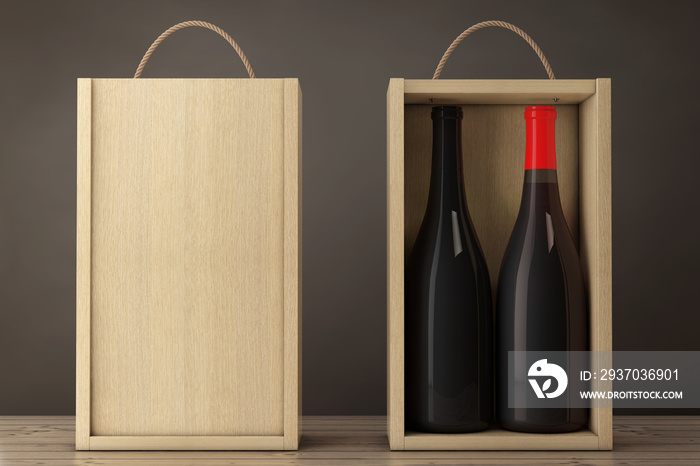 带手柄的空白木制葡萄酒包装中的酒瓶。三维渲染