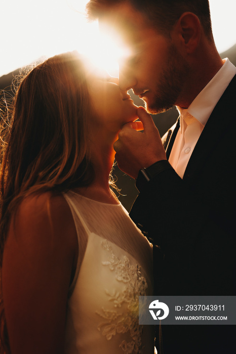 Portrait of a lovely wedding couple looking to each other before kissing against sunset.