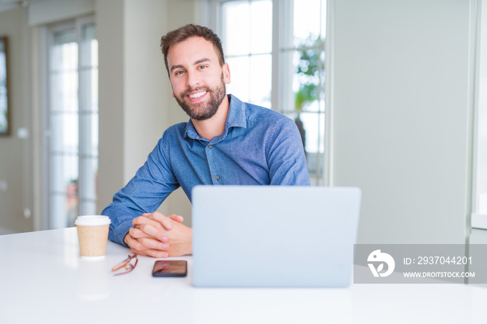 Handsome business man working using computer laptop and smiling