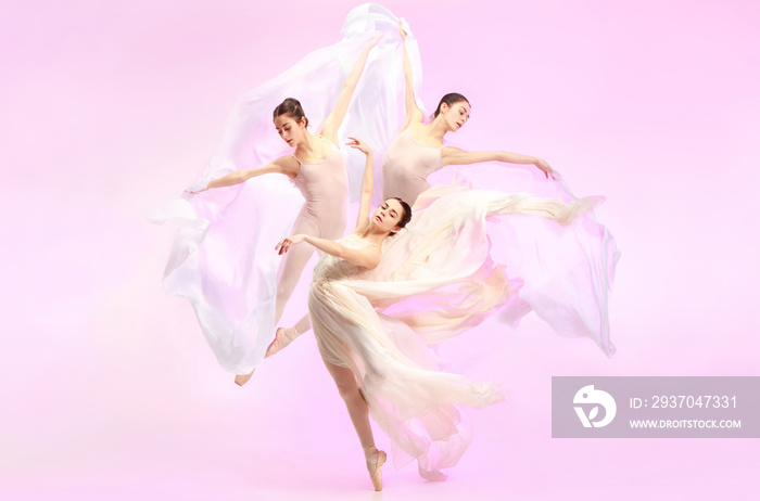 年轻优雅的女芭蕾舞演员或在粉色工作室跳舞的经典芭蕾舞演员。白人模特上