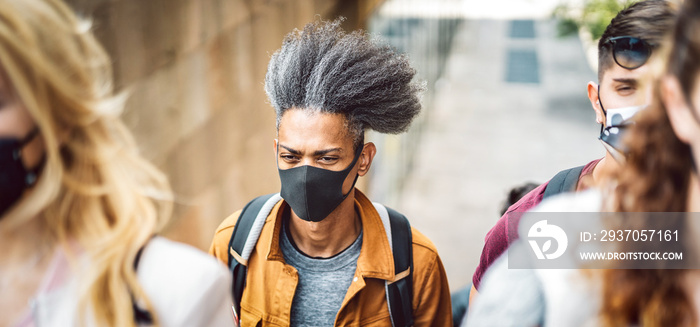 Multicultural crowd walking at city street during omicron pandemic wave - New normal life style conc