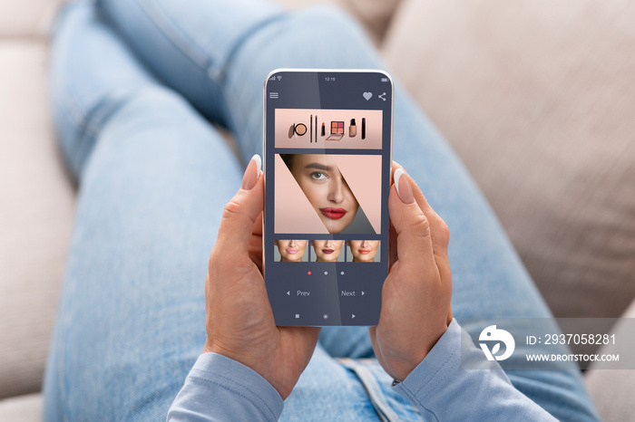 Augmented Reality Beauty App. Woman Trying Different Lipstick Color Online