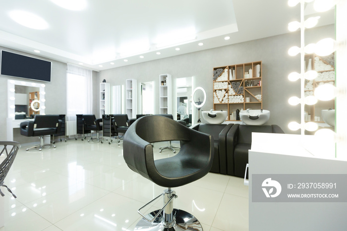 Empty hair saloon with chairs and mirrors