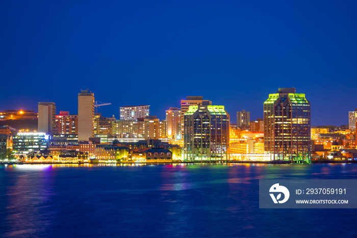 Halifax City skyline at night from Dartmouth waterfront, Nova Scotia NS, Canada.