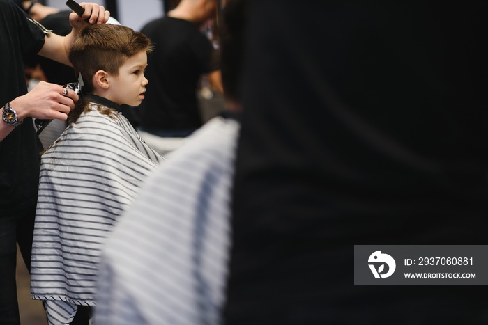 Side view of cute little boy getting haircut by hairdresser at the barbershop