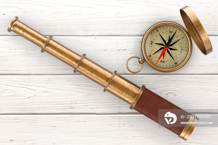 Golden Vintage Telescope Spyglass with Compass over Wooden Table。3d渲染