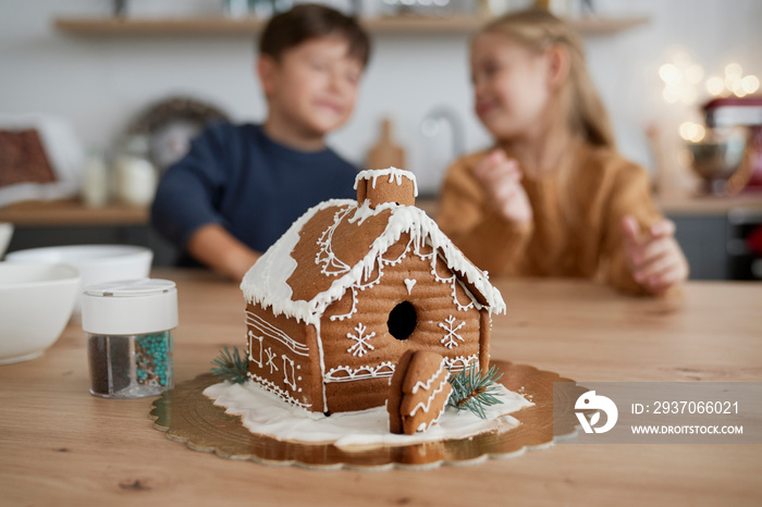 Detail of beautifully decorated gingerbread house