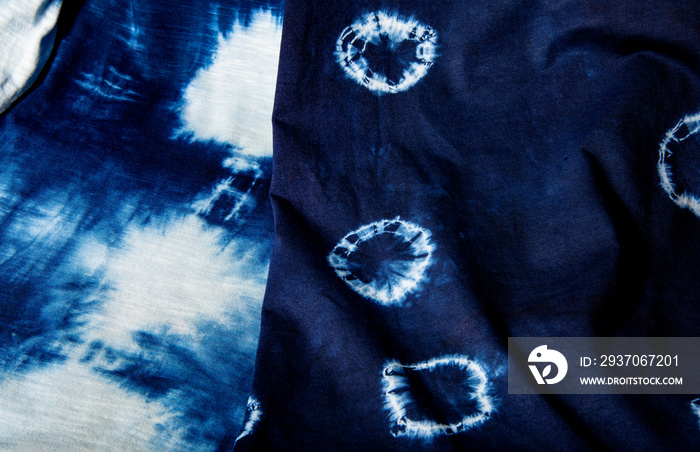 home made cotton fabric batiked with indigo - close up