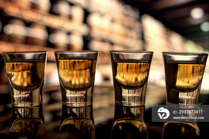 Shots of whiskey on distillery bar counter.