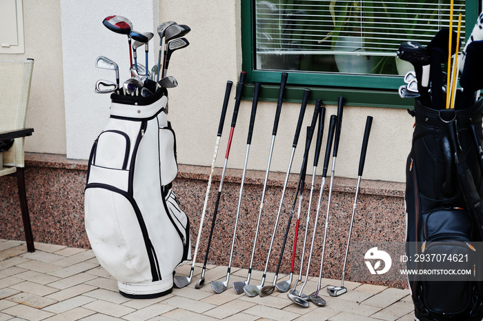 Many golf clubs in bag at pavement.