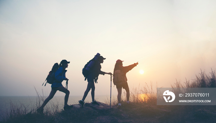 Hiker with backpack relaxing young woman hiking holiday, wild adventure.