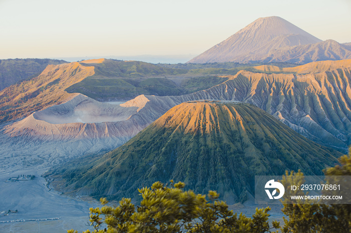Mount Bromo volcano during sunrise the magnificent view. Mount Bromo volcano, is an active volcano a