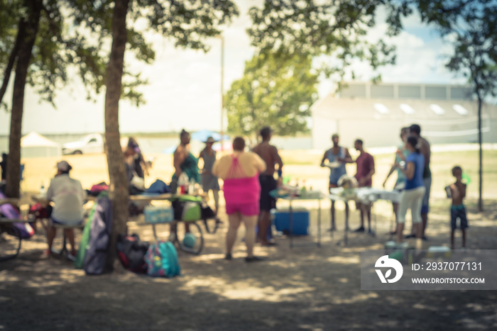 一群模糊的朋友和家人在湖边地区享受烧烤。在na户外露营