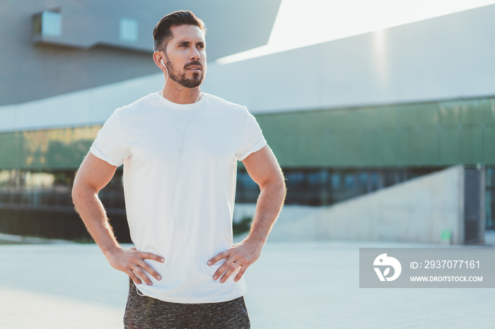 Serious caucasian hipster guy in white shirt with copy space area for brand name or label prepare fo