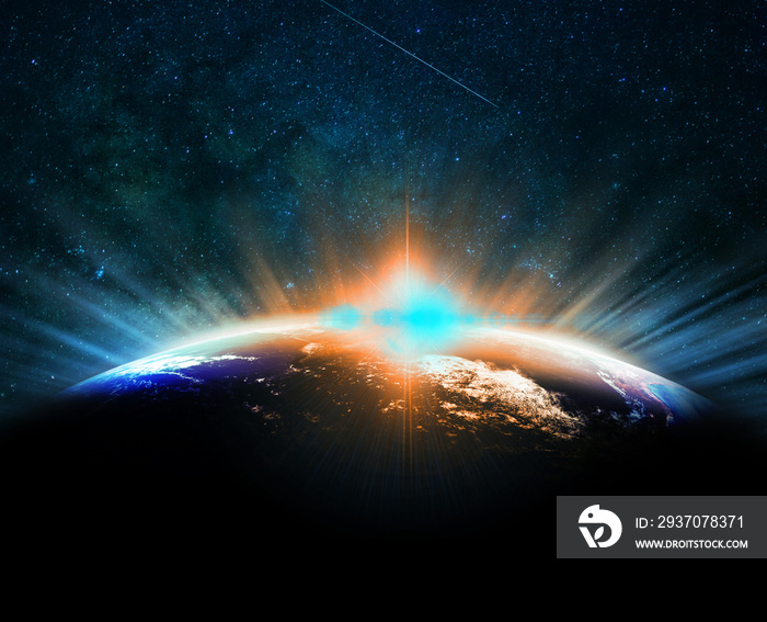 Part of earth with sun rise and lens flare over the Milky Way background, Internet Network concept, 