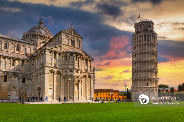 Cathedral and the Leaning Tower of Pisa at sunset, Italy biggest landmark.