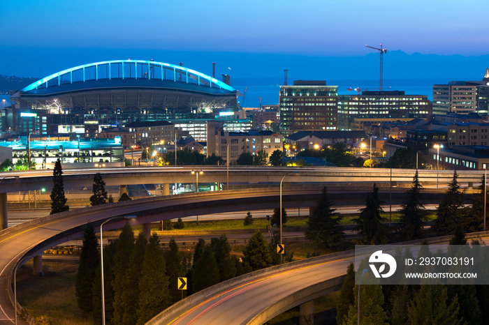 Skyline of Seattle at night, Washington State, USA