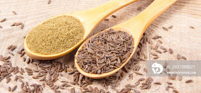 Ground cumin in a spoon and whole cumin