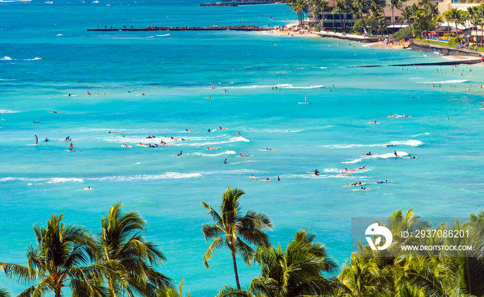 View of the Waikiki beach in Honolulu, Hawaii. Copy space for text