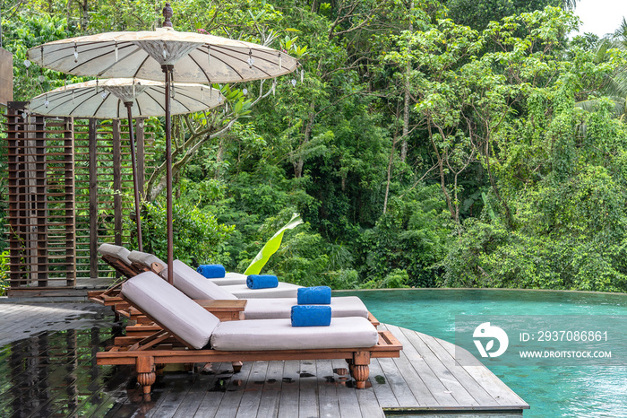 印度尼西亚巴厘岛乌布附近热带丛林中的游泳池水和日光浴床，顶部