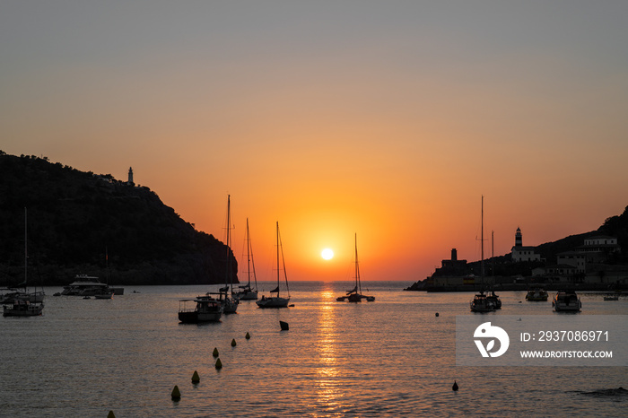 Spectacular view of a sunset at the touristic landmark Port de Soller (Serra de Tramuntana, Mallorca