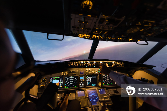 cropped view of professionals piloting airplane in evening.