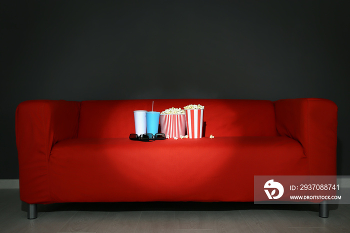 Comfortable sofa in home cinema. Movie night