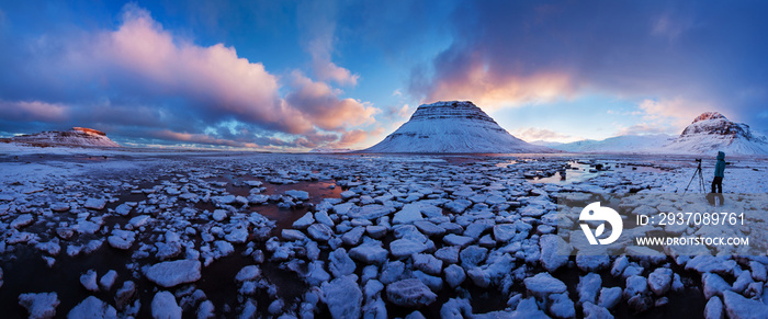 Iceland snaefellsnes peninsula and famous Kirkjufell. Kirkjufell is a beautifully shaped and a symme