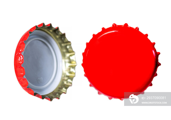 Both sides of a red metal bottle cap. One of the top side and