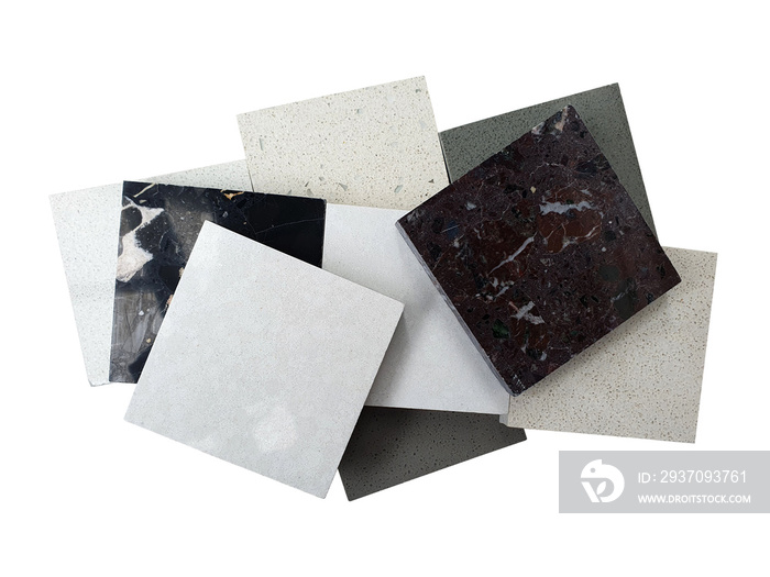 square shape samples of grey ,white and beige grained quartz ,black large fragment terazzo and black